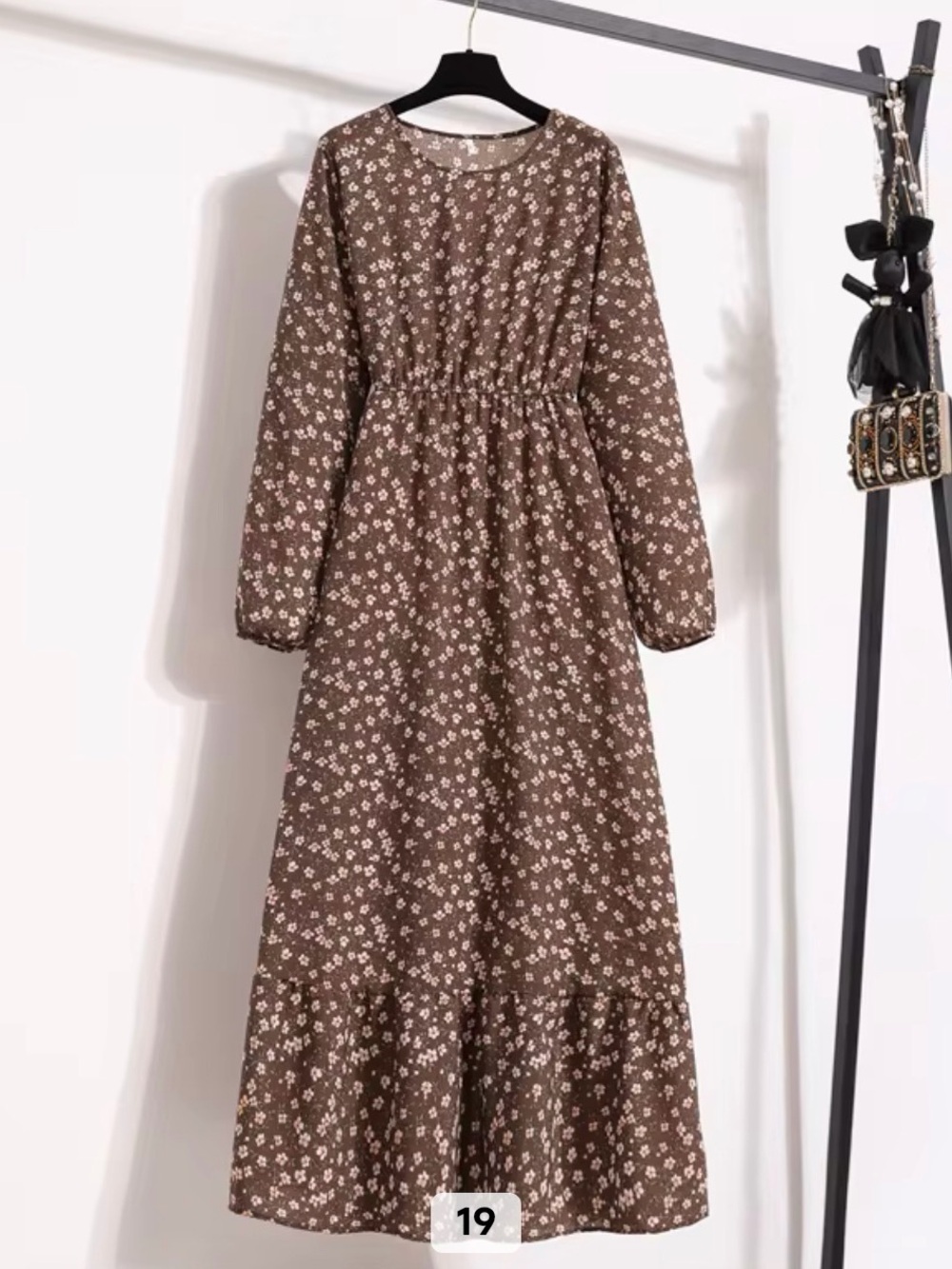 Brown Floral Long Sleeve Maxi Dress